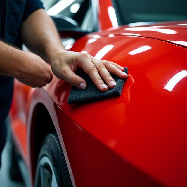 Profesional aplicando un recubrimiento cerámico a un coche deportivo rojo.