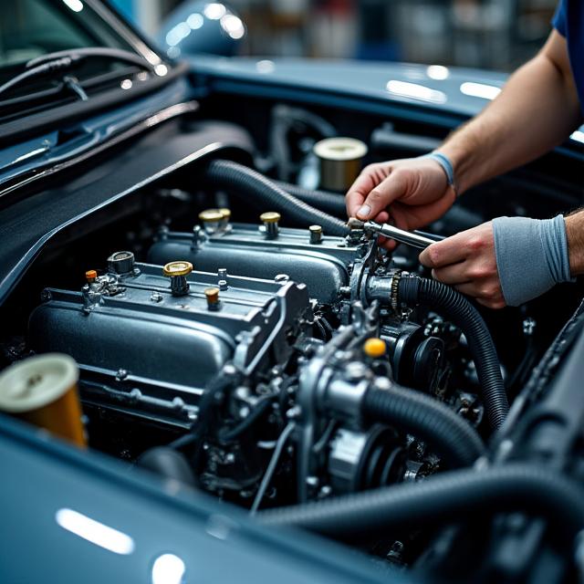 Mecánico trabajando en el motor de un vehículo de alto rendimiento.